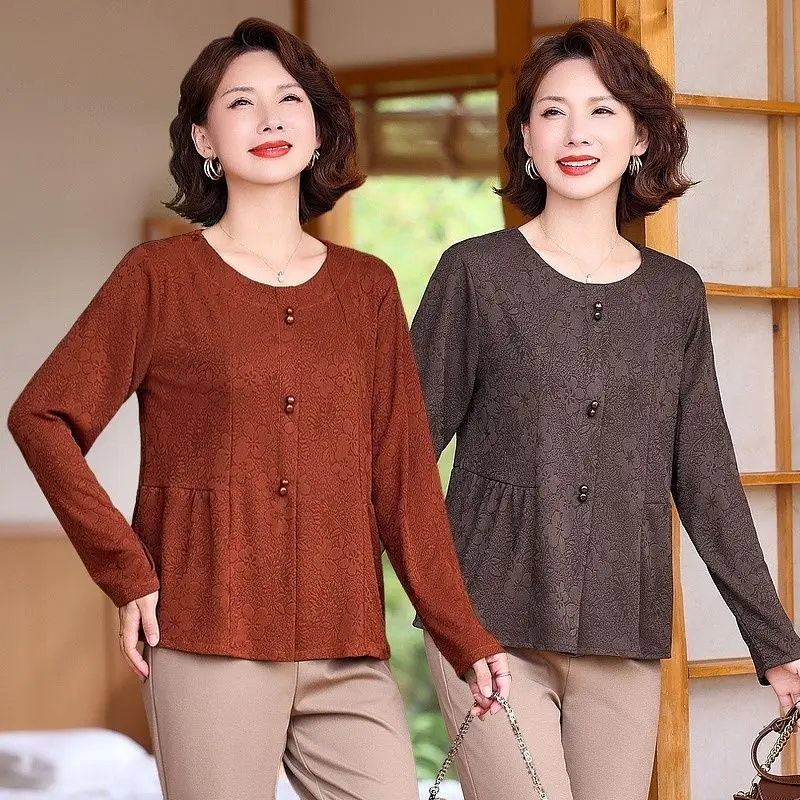 

Свободная футболка с длинным рукавом и круглым вырезом в китайском стиле, базовый топ для женщин среднего и старшего возраста, модная футболка для мам