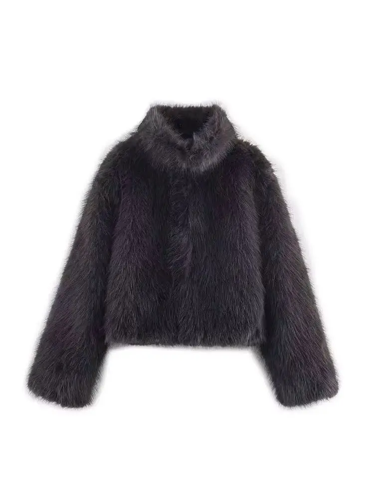 HH Neue Damenmode Winter Warme Jacke Mit Kunstfell Lange Ärmeln Halb Einfarbig Kurzmantel Lässige Lose Jacke