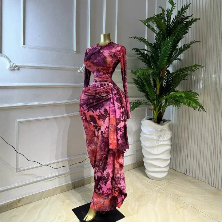 Schickes Frühjahr/Sommer 2026 INS Bedrucktes Langarm-Plissee-Kleid Damen Sexy Etuikleid Midi-Kleider Elegantes Urlaubs-Langkleid Y2K