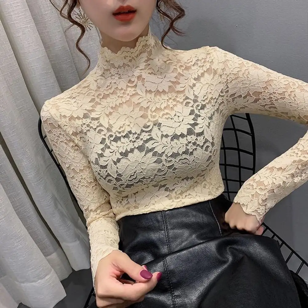 Women Blouse Half High Collar Long Sleeves Lace Top See-Through Slim Lace Crochet Patchwork Hollow Lady Tee Top Streetwear