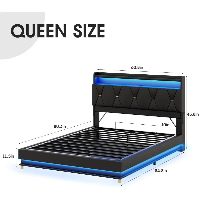 l Estrutura de cama de armazenamento queen size, cabeceira de armazenamento com estação de carregamento, cama de plataforma estofada com luzes LED, sem B
