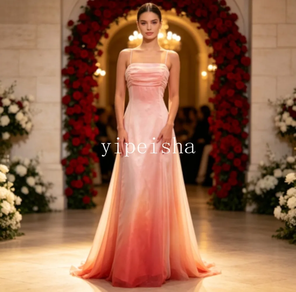 Customized Pink Gradient Spaghetti Straps Evening Dress Pleated Bodice A Line Floor Length Flowy Formal Gown Prom Banquet Party