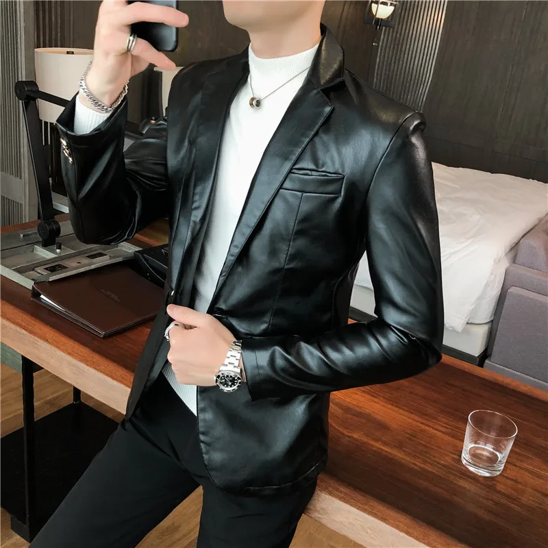 Men Casual Black White Suit Leather Jacket /Men Solid Color Business Suit Collar PU Blazers Dress Coat Fashion /New Men Clothing