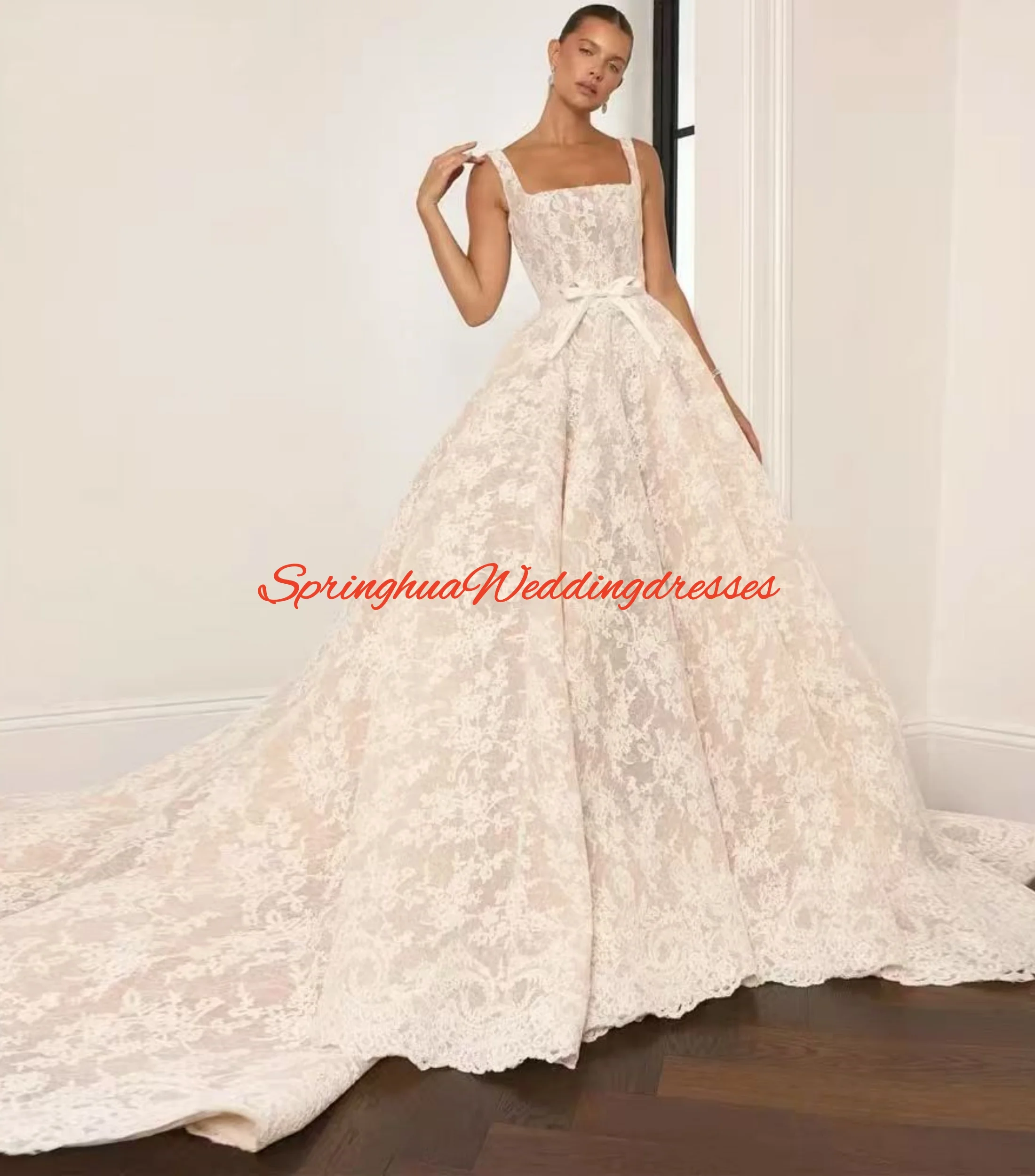 

Роскошные свадебные платья на тонких бретельках по индивидуальному заказу, женские свадебные платья трапециевидной формы, кружевные платья без рукавов с скользящим шлейфом, Vestidos De Novia