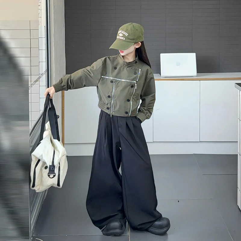 

2025 autumn children girls two-piece cargo sets school girls zipper long sleeves coat kids girls wide leg pant 4-14Y girl outfit