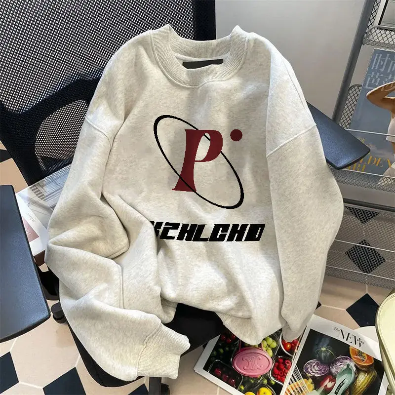 American men and women trendy autumn and winter personalized letter printed round neck pullover for couples loose casual top y2k