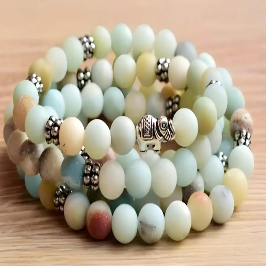 

6mm Amazoniteite Gemstone elephant 108 Beads Mala Bracelet Buddha Chaplet Men's Hand zazen Buddhist Stone elastic Japa Tibetan