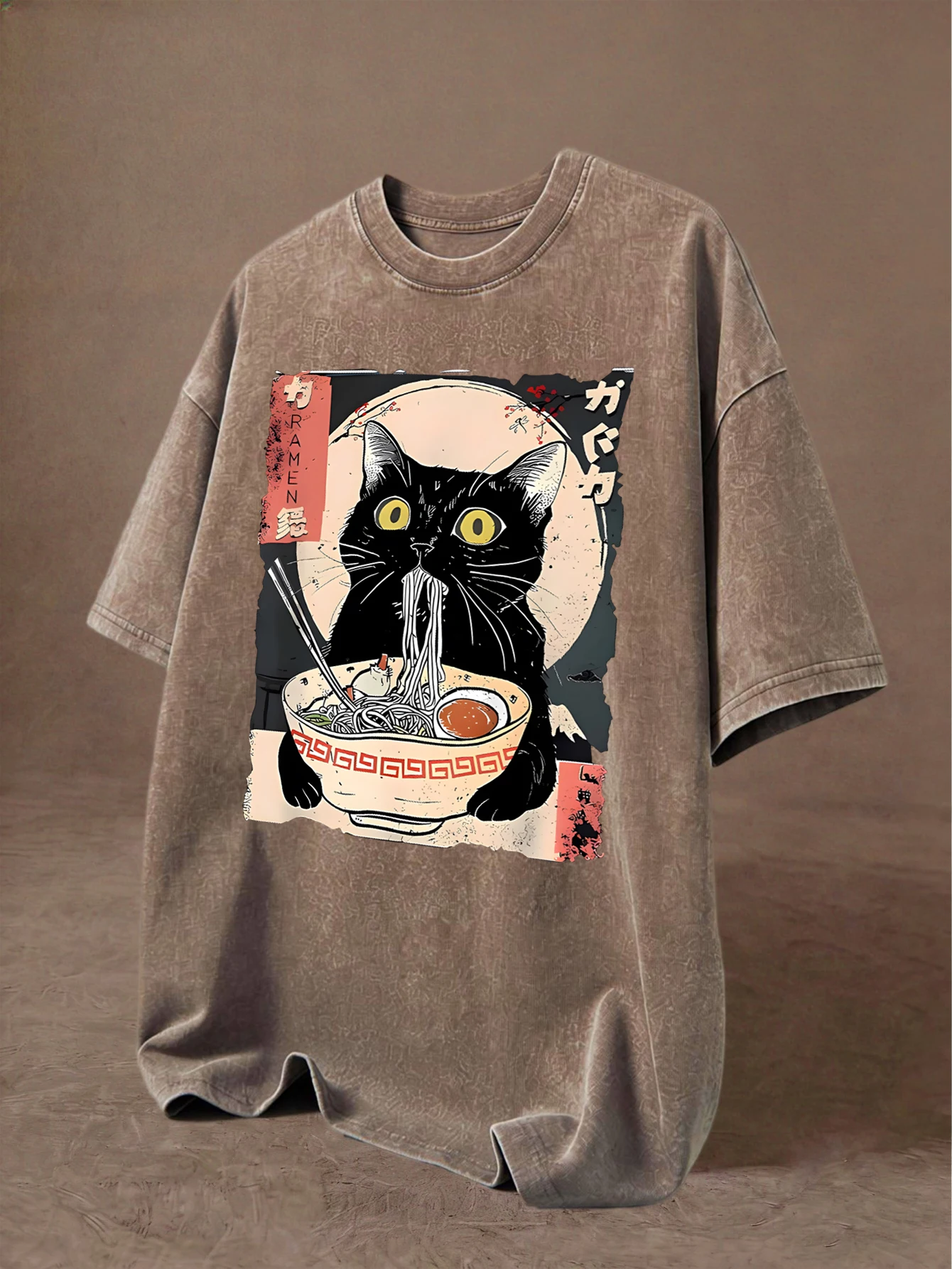Cat Likes To Eat Noodles And Daydream Washed Men T-Shirt Summer Loose Soft Tee O-Neck Cotton Retro Top Unisex Fashion Clothing