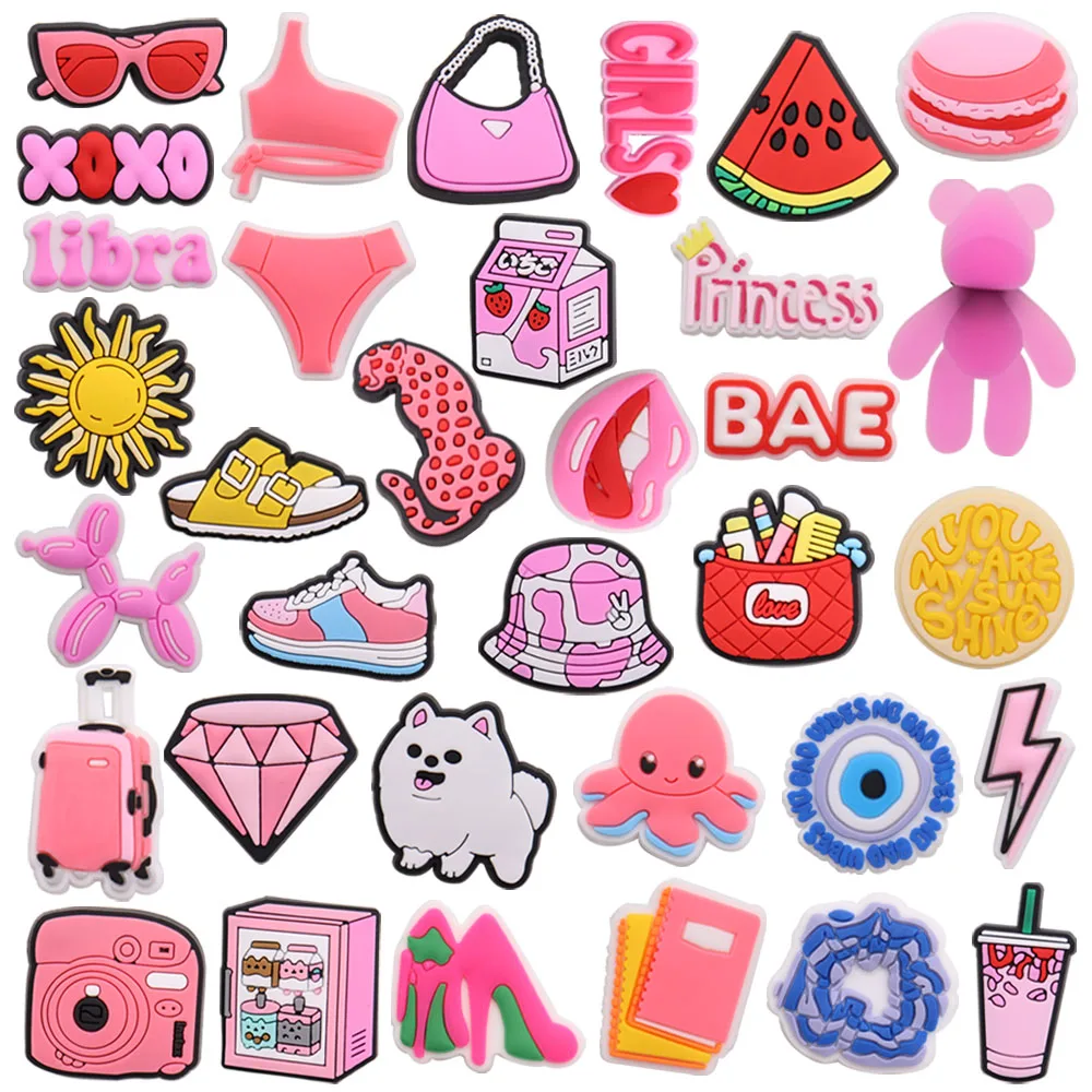 1-34PCS PVC Shoe Charms Glasses Underwear Watermelon Milk Bear Sun Macaron Makeup Bag Dog Diamond Hole Slipper Decoration