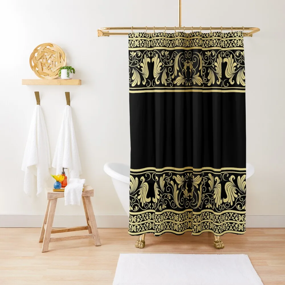 

Black Gold Border Floral Shower Curtain Waterproof Shower Modern Showers For Bathroom Anti-Mold Waterproof Shower Curtain