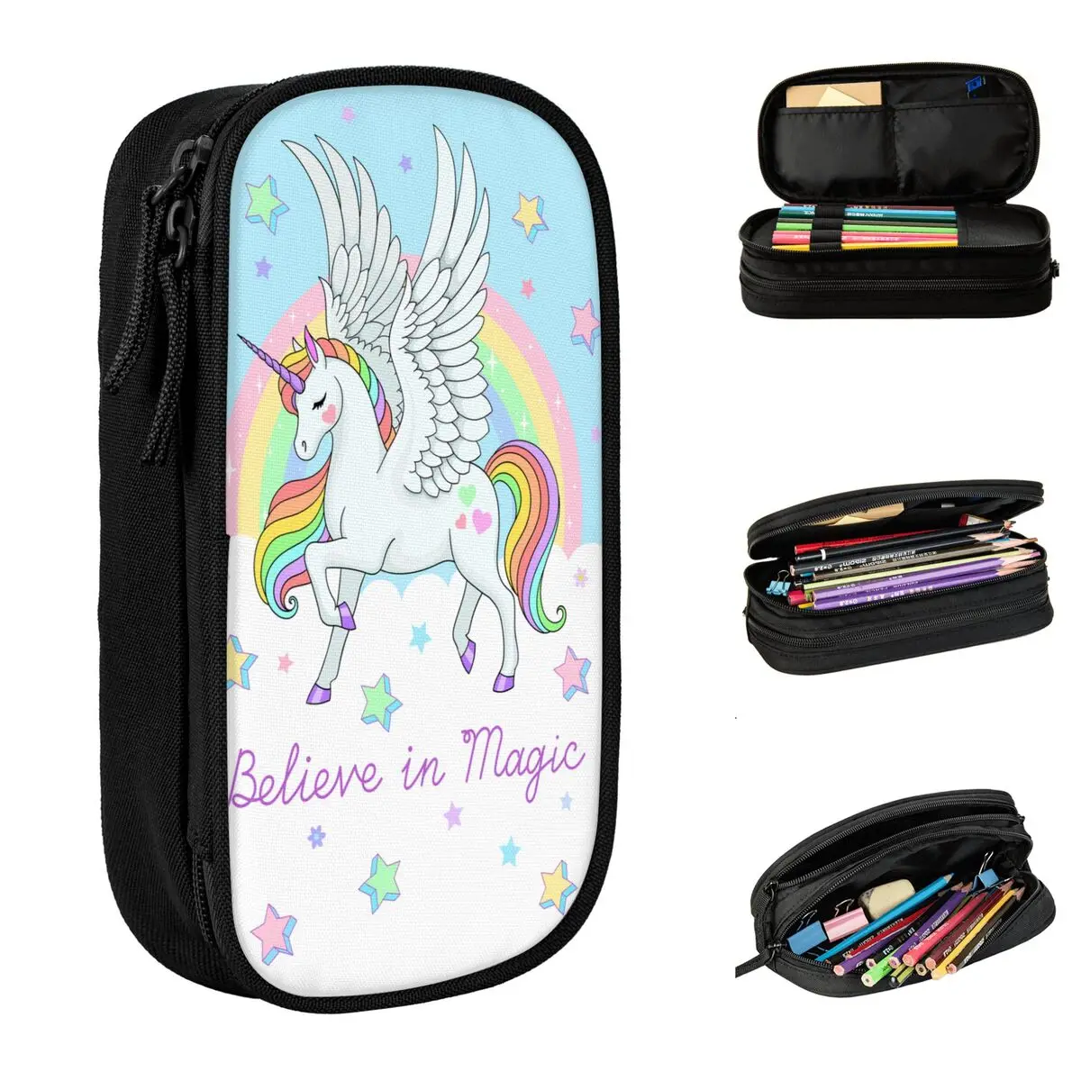 Estuches de lápices de arcoíris mágico de unicornio de Ángel, caja de bolígrafos de unicornio lindo, bolsa de almacenamiento grande para estudiantes, estuches de lápices de oficina con cremallera