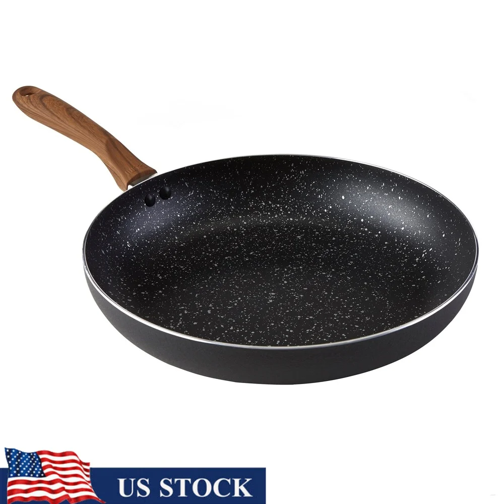 

Nonstick Fry Pan Aluminum with Wood Look Handle Kitchen Essential Frying Sautéing Stirfrying Lightweight Easy Clean Cookware