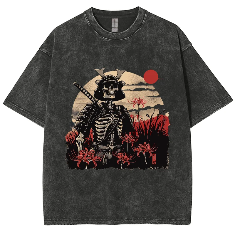 

Skeleton Ukiyoe Samurai Shirt, Hiphop Tops Y2K Washed T-shirt, Oversized Streetwear Vintage Washed Surf TShirts For Men Women