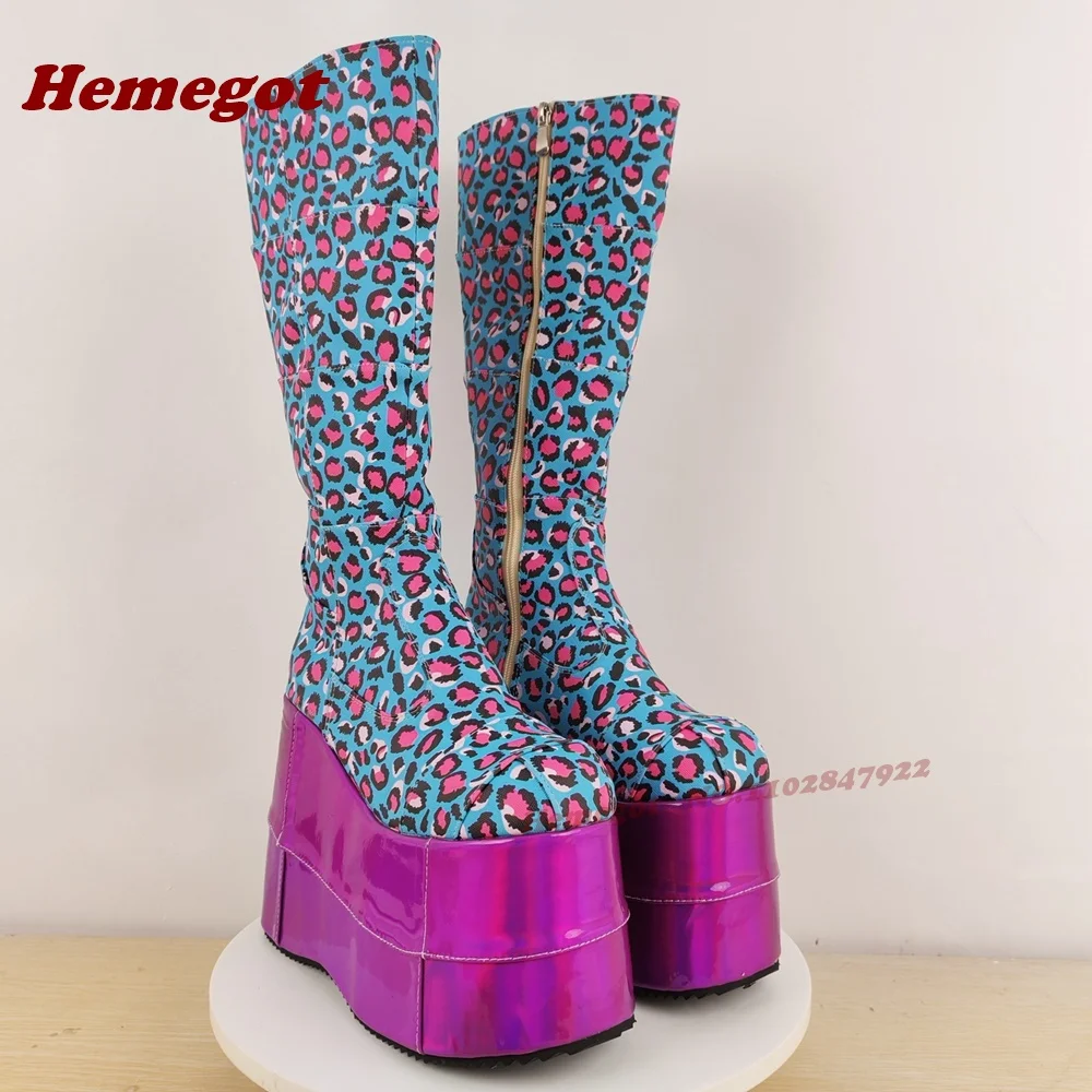 ليوبارد منصة القوطية حذاء برقبة للركبة جولة تو أسافين الجانب سستة أحذية الشتاء للنساء المرقعة 2025 جديد المدرج الأحذية مثير #4