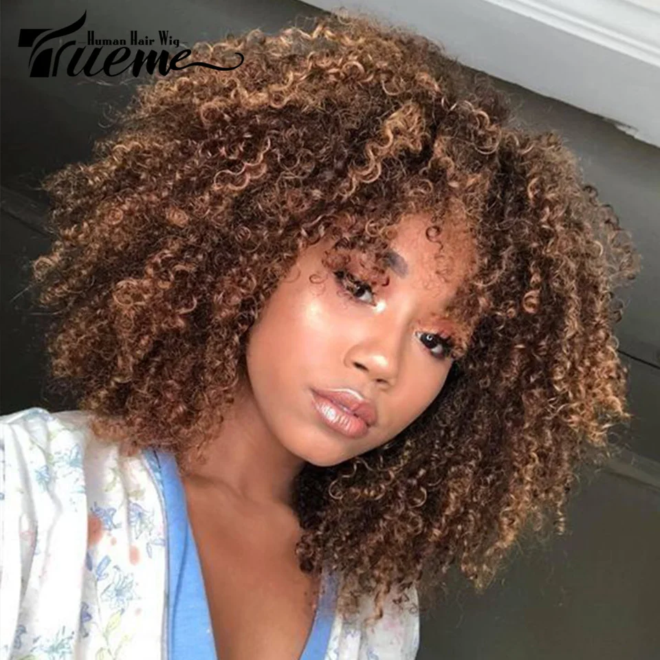 

Big Afro Kinky Curly Bob Human Hair Wigs 250D Highlight Brown Short Kinky Curly Human Hair Wig With Bangs Culry Wear And Go Wig