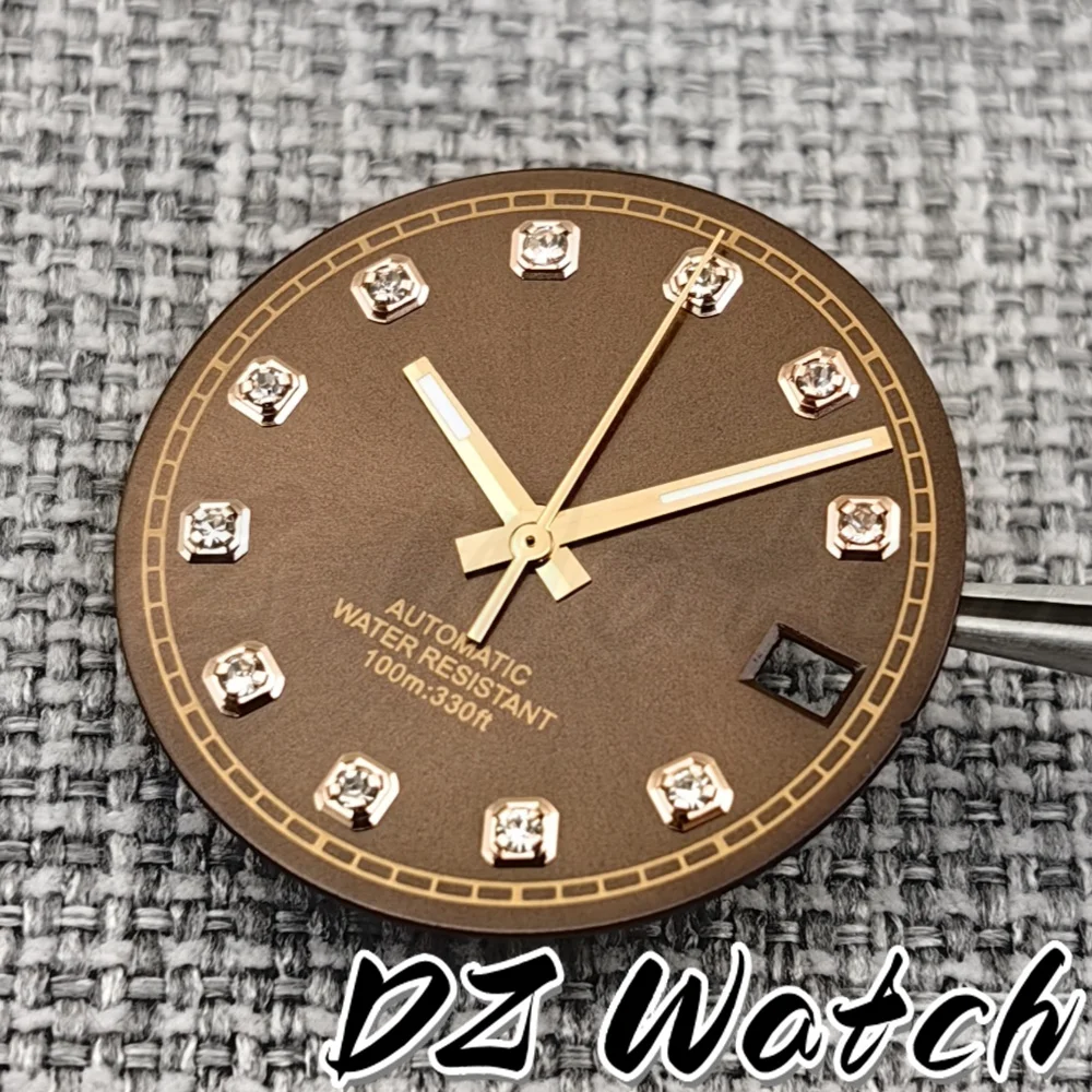DZ 29mm Sunburst Watch Dial Pink Gold Green Dial With Diamond Index Date And Hands  Fit NH35 Automatic Watch Modified Replace