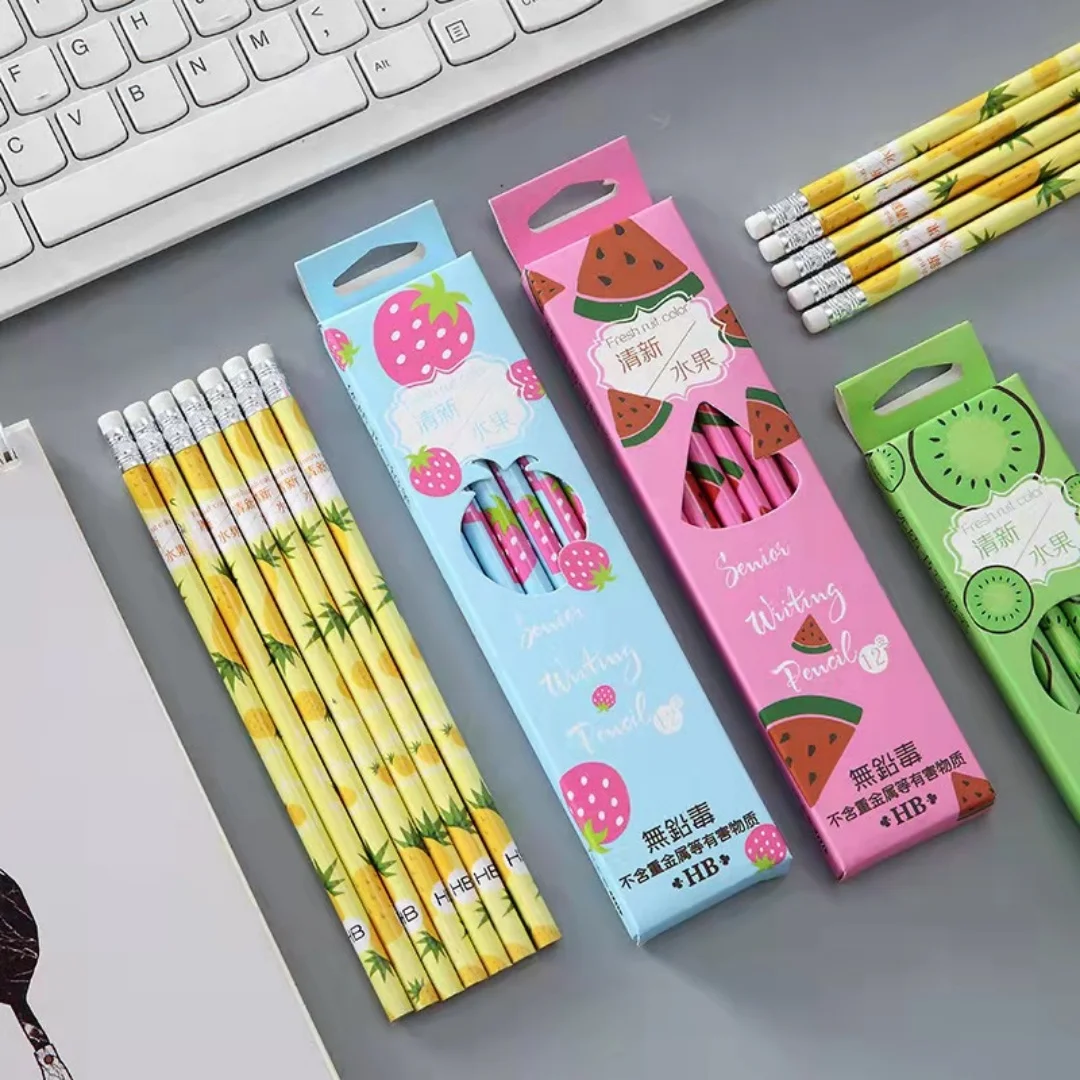 12er-Pack HB-Bleistifte mit niedlichem Fruchtmuster und Radiergummi-Aufsätzen, Cartoon-Bleistifte für Kinder und Schüler, Schulbedarf zum Zeichnen und Schreiben, Geschenk – Detail 2
