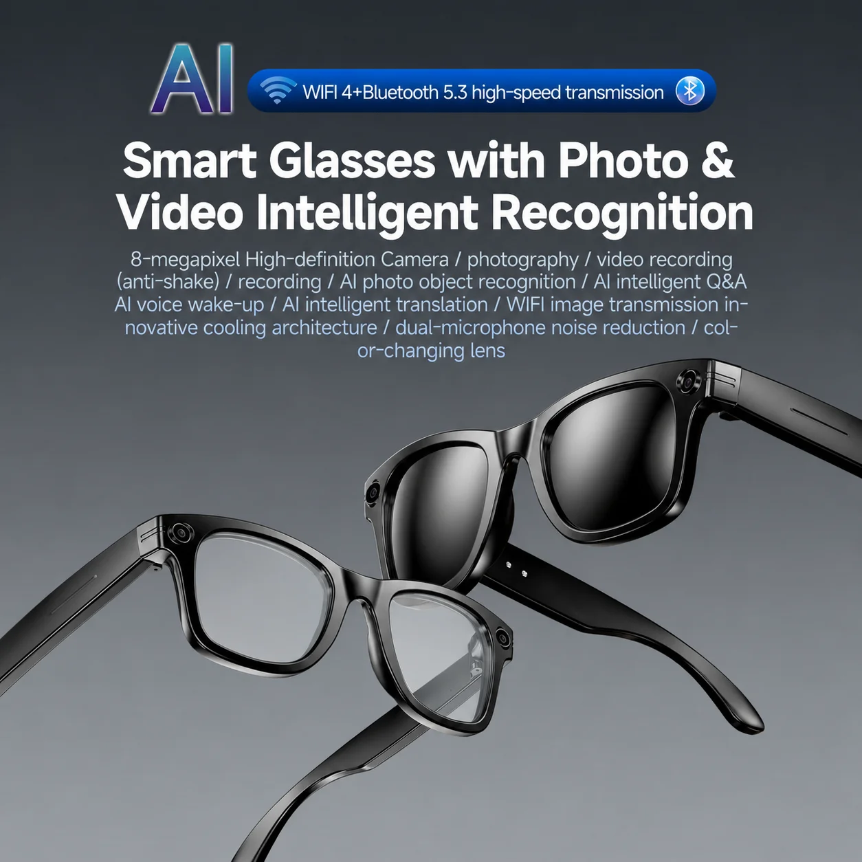 W610T Voice Wake AI Smart Glasses Hey Lens Assistant AI Object Recognition Dual Mic Noise Reduction Meeting Record Hands-free