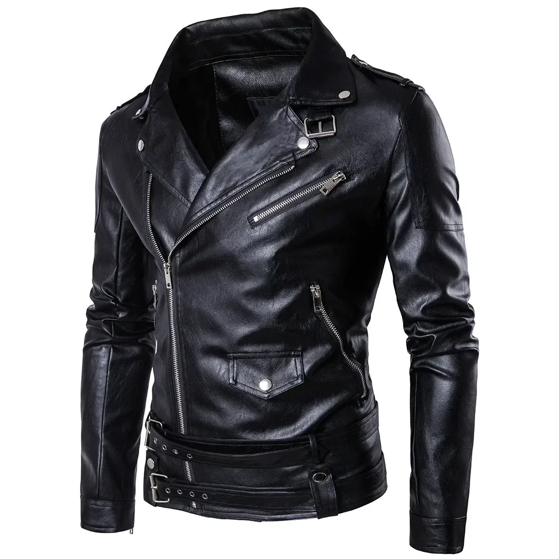 Mens PU Faux Leather Boys Punk Jacket Slim Biker Moto Jacket Motorcycle Long Sleeve Black Winter Fashion Oversized Coat Male 5xl