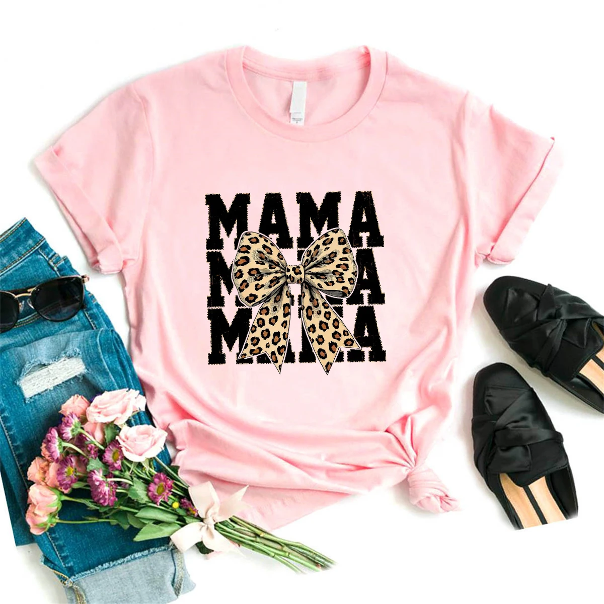 Leopard Bow Mama Graphic Printed Tshirt Women Clothes 2025 Mother'S Day Gift T-Shirt Summer Fashion Short Sleeve T Shirt Femme