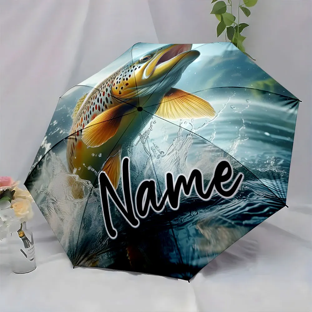 Custom Name Creative Fish Design Umbrella for Outdoor Use 8 Iron Ribs Folding Umbrella Auto-Open Fashionable Sunshade for Gift