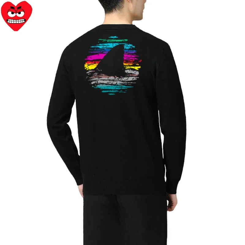 Break Egg Men Open Knitted Sweater Cartoon Teeth Embroidered Fish Tail Print V-neck Single Breasted Long Sleeve Autumn Sweater