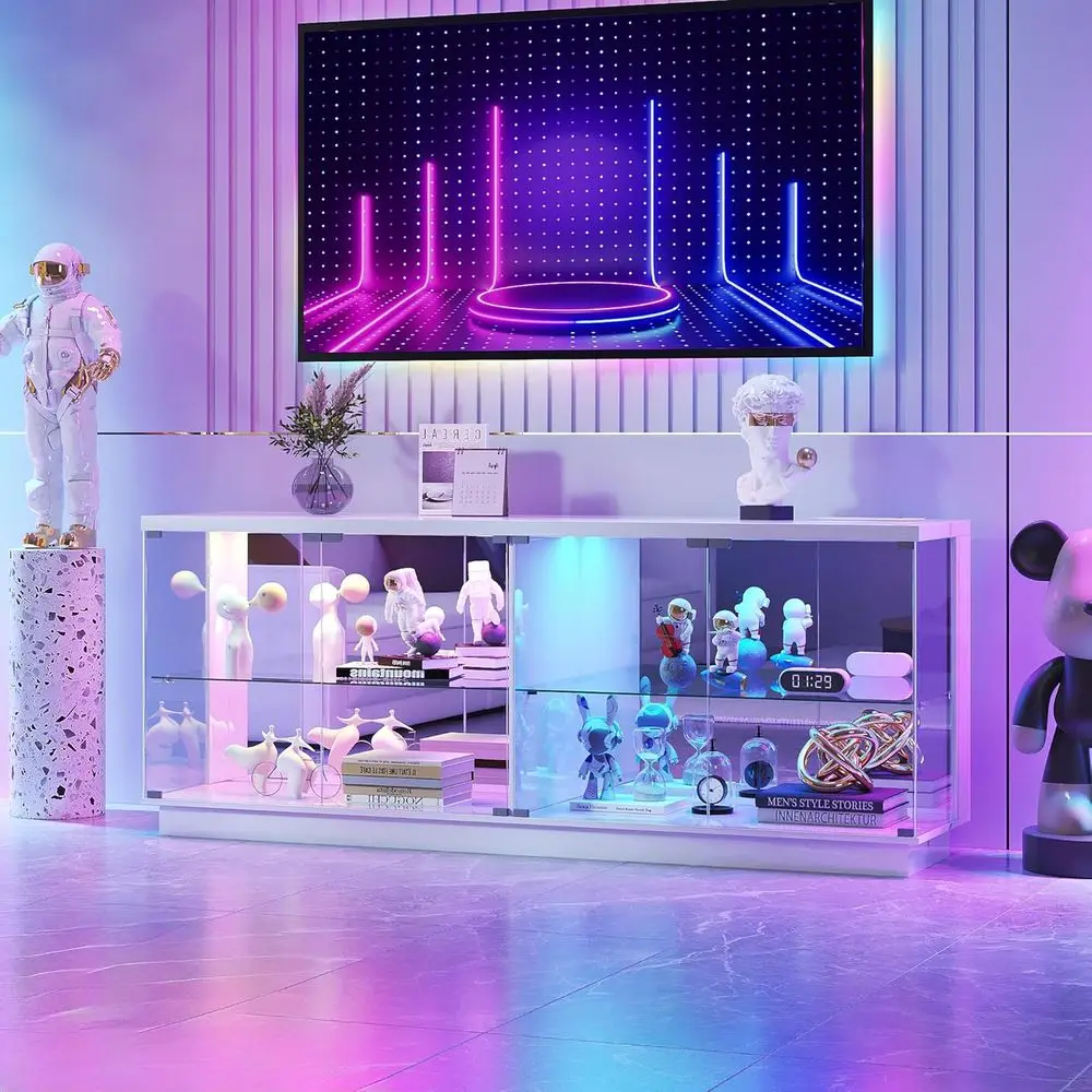 

Стеклянный шкаф-витрина с LED-подсветкой, тумба под ТВ 71 дюйм с зарядным портом, белый стеллаж с стеклянной дверцей