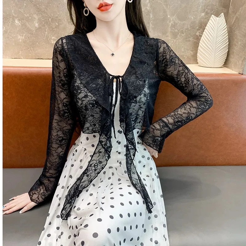 

Women's Cropped Lace Cardigan Ruffled Tie-Front Flared Sleeve Chiffon Cover-Up Beach Shawl Summer Long Sleeve Lightweight Tops