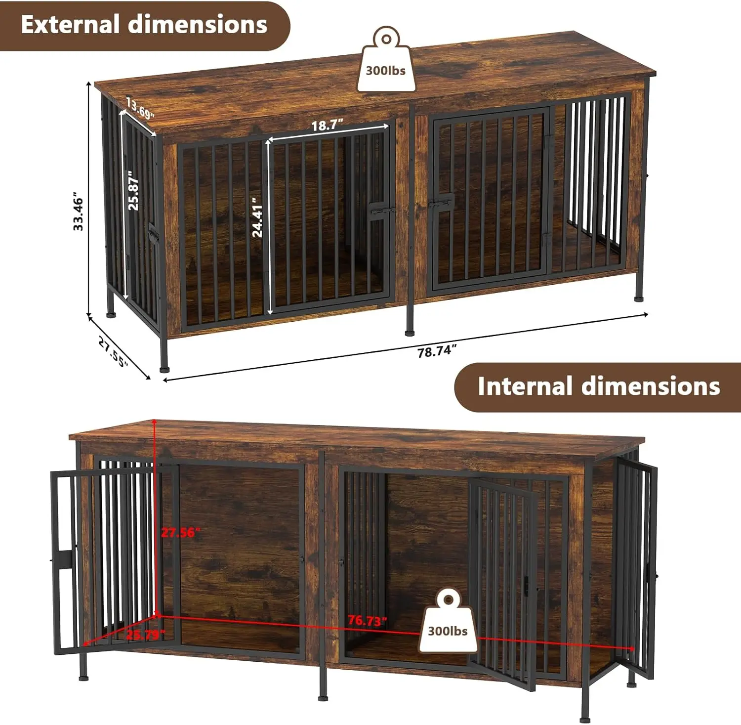 78 Inch Dog Cage Furniture for 2 Dogs, Extra Large , XXL Thick Wooden Furniture TV Stand, Sturdy with Divider