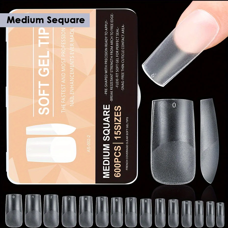 600 PCS Matte กดบนเล็บเคล็ดลับเล็บปลอม 15 ขนาดอะคริลิคสั้นสแควร์ Soak Off GEL เคล็ดลับเล็บปลอมสําหรับ DIY Salon