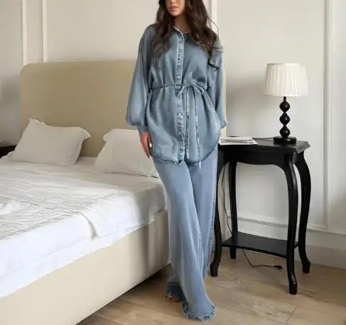 

Autumn 2025 Solid Color Lapel Lantern Sleeve Denim Shirt and High Waisted Straight Leg Pants Set for Women's Casual 2-Piece Set