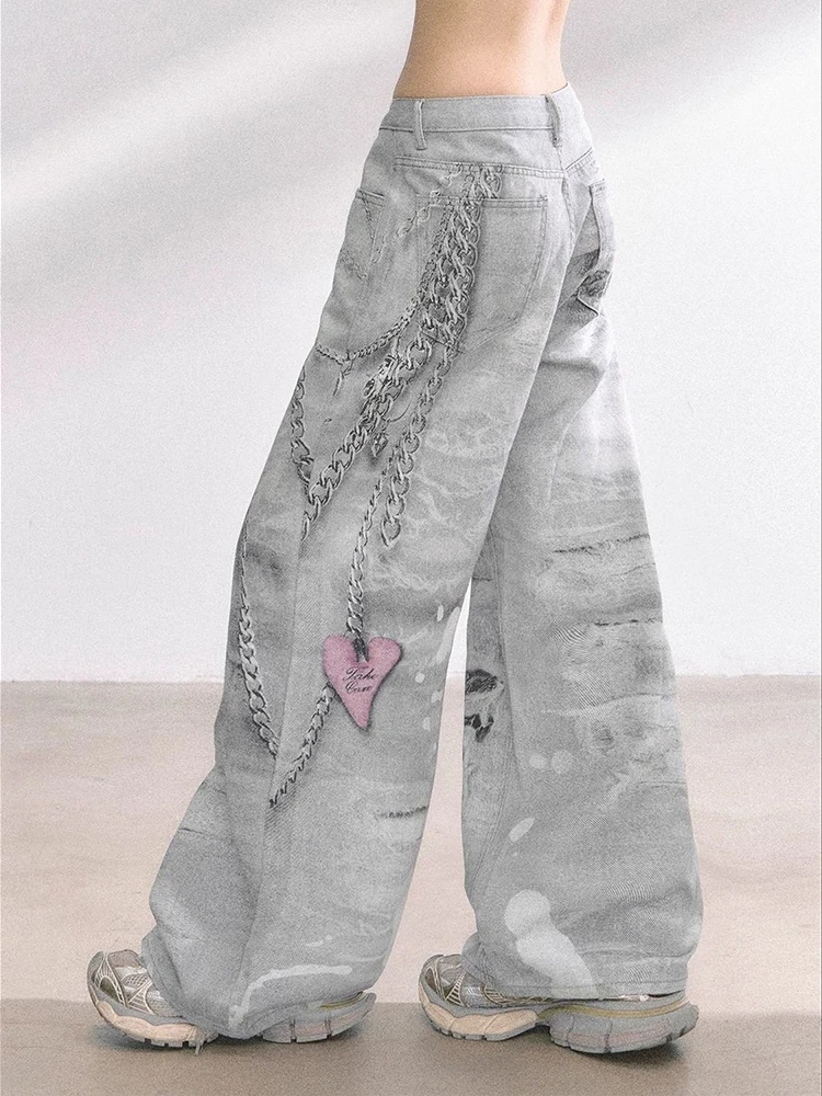 Frauen Amerikanischen Stil High Street Vintage Lose Gerade Hosen Herbst Neue Casual Y2K Retro Gedruckt Breite Bein Jeans