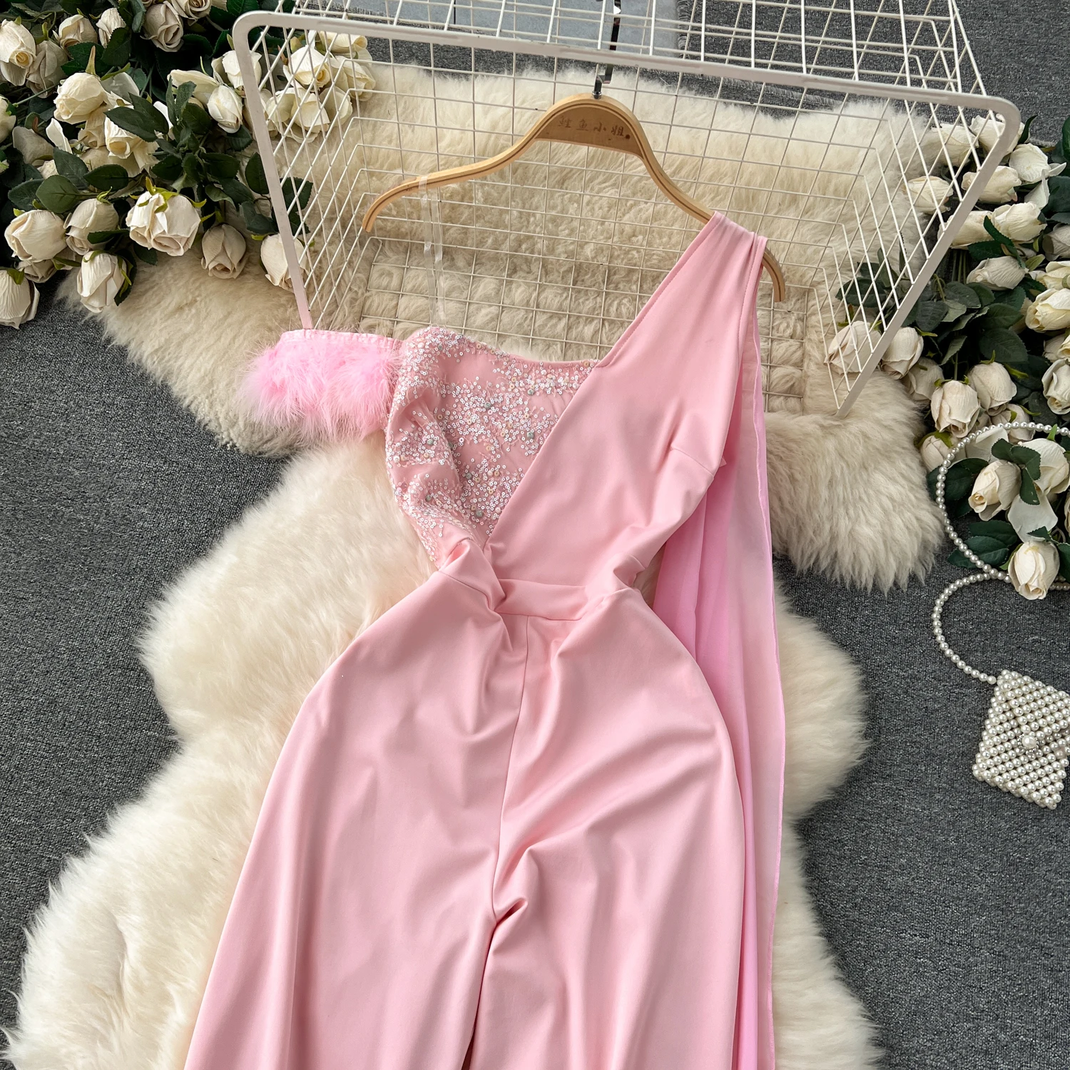 Chic Asymmetrical Off Shoulder Sleeveless Sequin Jumpsuit Elegant High Waist Romper Casual Wide Leg Pants Autumn Women Playsuit