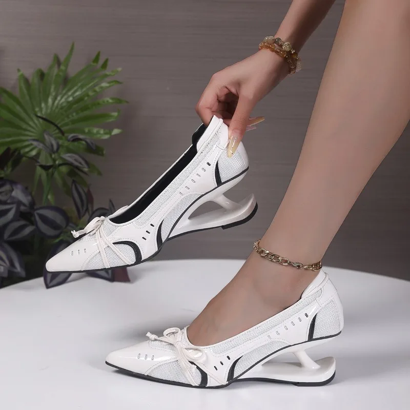 Women Spring New Colorblock Butterfly Knot Slip Non-Slip Shaped Heels Pointed Toe Shallow Mouth Single Shoes
