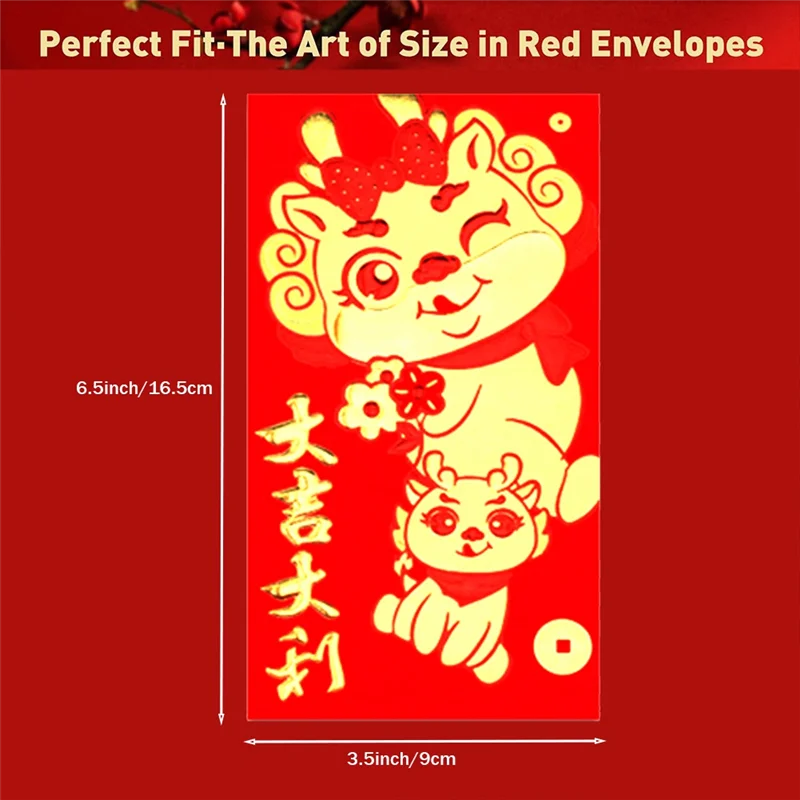 36 шт. китайские красные конверты 2024 Новый год, 6 дизайнов, китайские конверты для денег 2024 Дракон Лунный Новый год, прочный 6,5X3,5 дюйма