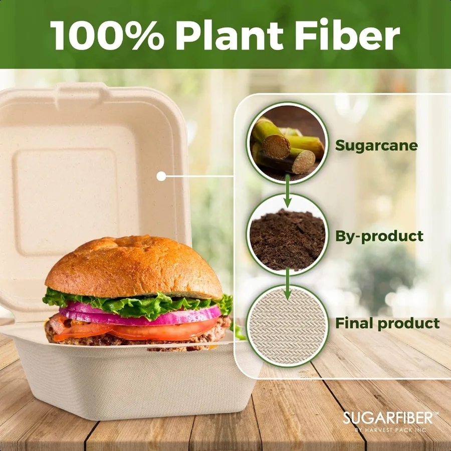 [50 COUNT] Paquete de cosecha GRATIS PFAS 6 X 6 Contenedores de alimentos para llevar con un solo compartimento con bisagras cuadradas compostables y resistentes