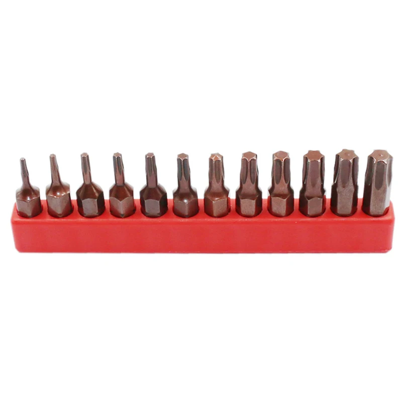 12 pçs/lote 1/4 Polegada S2 Aço Liga 25 MILÍMETROS Longo Magnetic Torx Bits Chave de Fenda Set Ferramentas T6 T7 T8 T9 T10 T15 T20 T25 T27 T30 T35