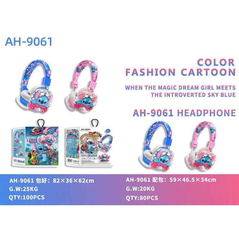 Neue Disney Stich Drahtlose Bluetooth Kopfhörer AH-9061 HIFI Stereo Sound Faltbare Headsets mit Mikrofon Anime Cartoon Kinder Geschenk