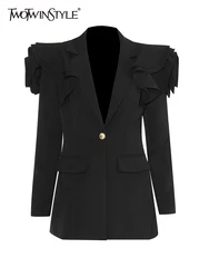 TWOTWINSTYLE New Solid Spliced Appliques Blazers For Women Notched Collar Long Sleeve Patchwork Button Temperament Blazer Female