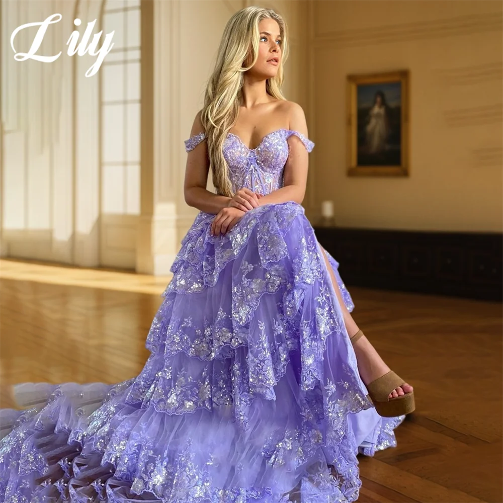 

Lily Purple A Line Formal Dress Tiered V-Neck Party Dress Pleats Applique Off The Shoulder Special Occasion Dress robe soirée