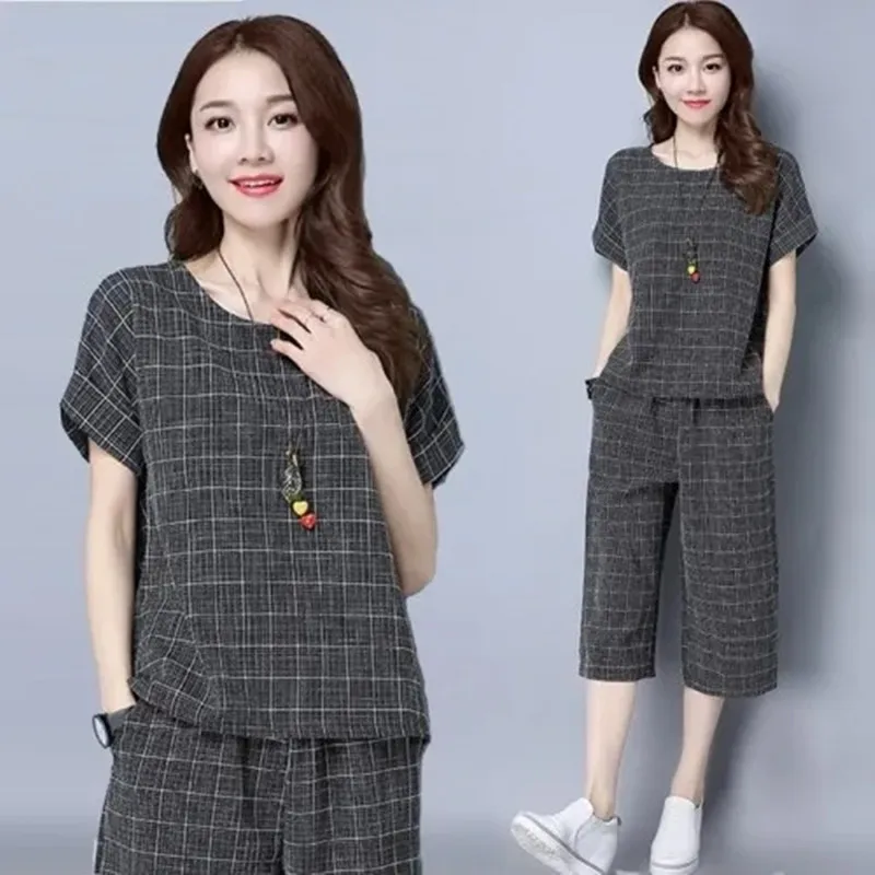 

Wide-leg Pants Suit Women's Short-sleeved 2022 Spring and Summer New Cotton and linen Casual Loose and Thin Two-piece Suit A1051