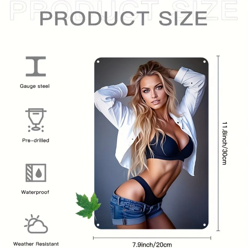 لافتة فنية جدارية من الألومنيوم مستوحاة من الطراز العتيق - امرأة أنيقة في وضعية البيكيني، مقاومة للماء والغبار، مثالية للمنزل والبار #3