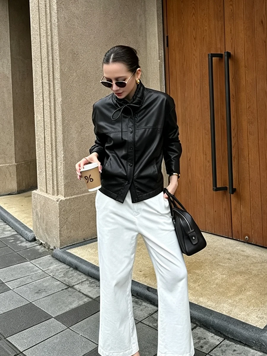 LIMO Women  Faux Leather Cropped Jacket Lapel Collar Drawstring Decor Button Down Long Sleeve Loose Short Coat