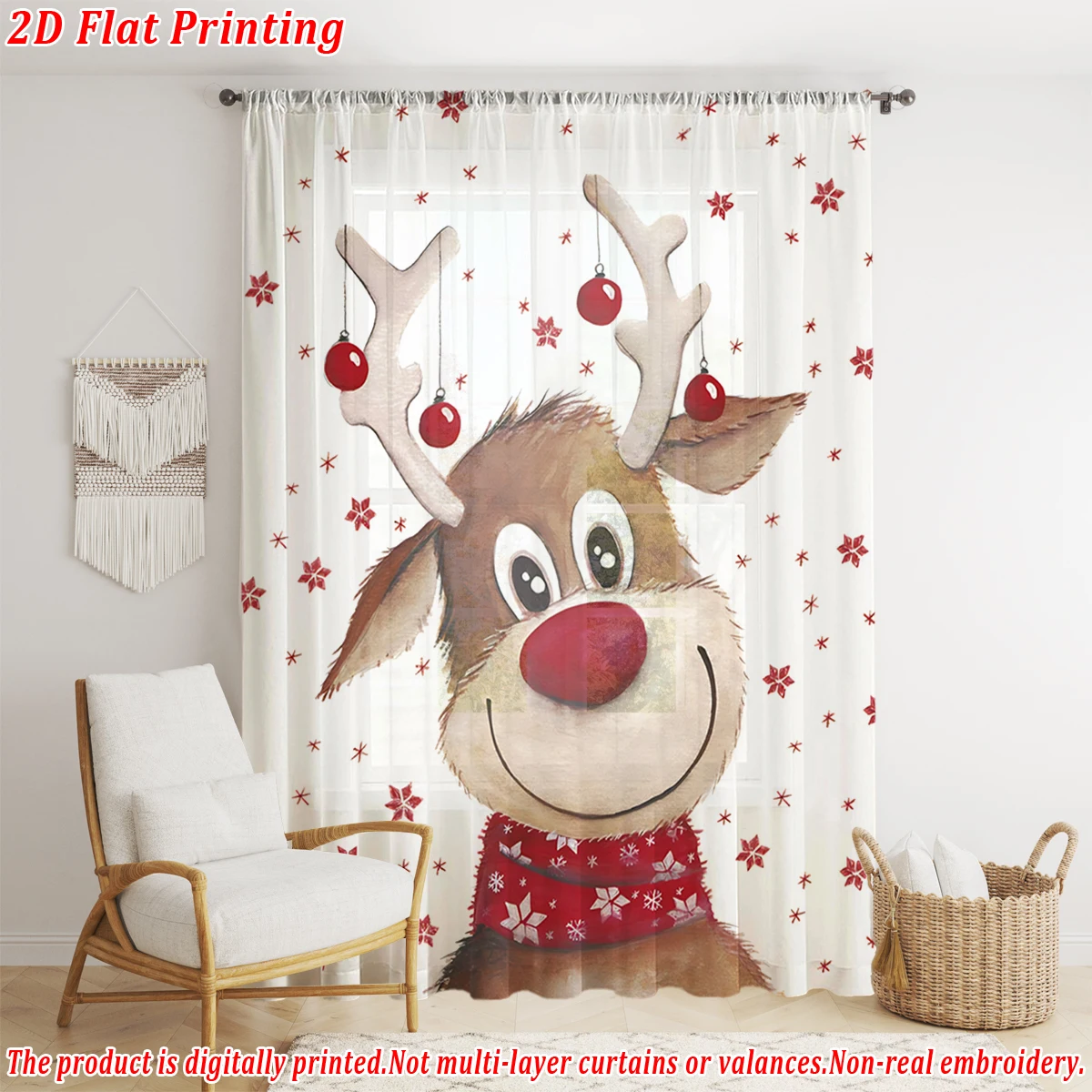 Christmas Flat Printing Sheer Curtain with Star Reindeer Bell Flowers for Living Room Bedroom Decor Holiday Party