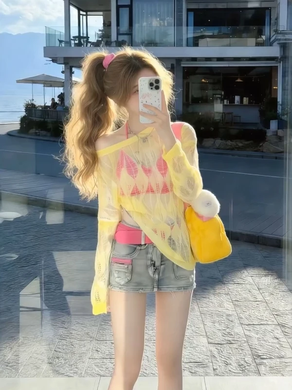 Laid-back Style Yellow Semi-Transparent Long Sleeve Cover-up T-shirt Women's Early Autumn New Korean Style Loose Slimming Thi...