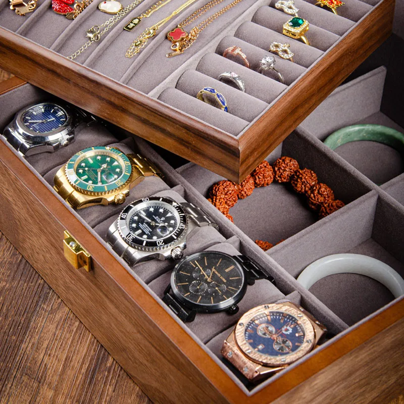 2 Layer Wooden Jewelry Box with for Women Men Vintage Wood Jewelry Organizer Storage for Earrings Watch Mother’s Day Gift