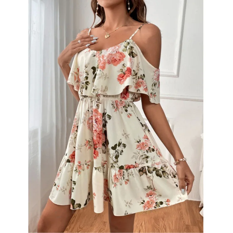 New Women's Floral Print Ruffle Mini Dress Spaghetti Strap A-Line Sundress