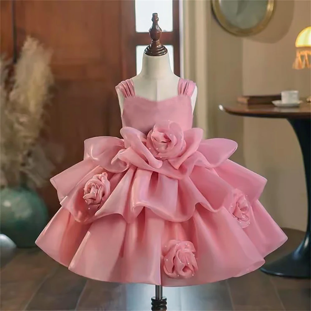 Flower Girls Wedding Rose Princess Party Dresses Baby Girl 1st Birthday Tutu Dress Toddler Summer Holiday Carnival Clothes Wear