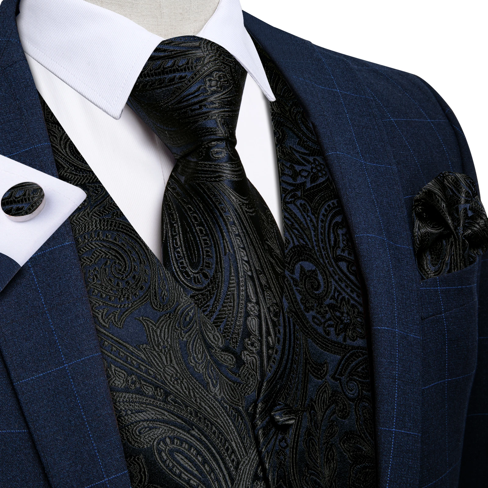 Gentleman Waistcoat 4-Piece Suit Accessory Set, Men's Vest, Necktie, Handkerchief, Cufflinks for Wedding Formal Events