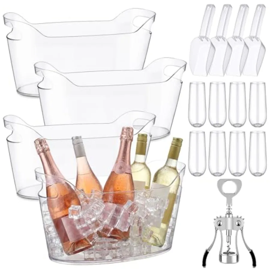 Paquete de 4 Cubetas para Hielo de 6.5L para Fiestas, Juego de Recipientes Grandes de Plástico para Bebidas con Cucharas, Copas de Champán y Abridor de Botellas de Vino Metálico